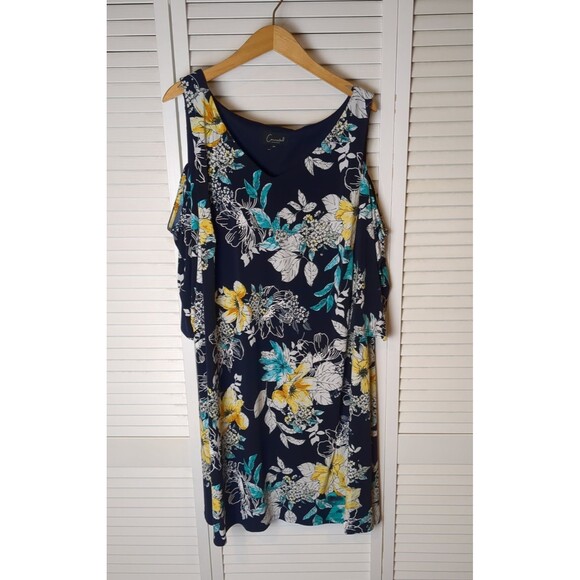 Connected Apparel Navy Floral Midi‎ Cold Shoulder Dress Womens 20W Spring Resort - Picture 1 of 10